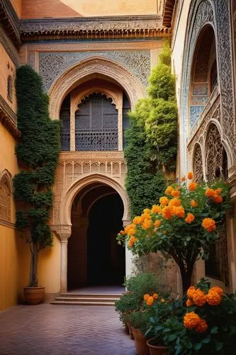 alcazar of seville,alcazar,courtyards,courtyard,alhambra,inside courtyard,cortile,cloister,persian architecture,monastery garden,dorne,archways,cloisters,pedralbes,andalucia,porticos,arcaded,filoli,mamounia,doorways,Illustration,Paper based,Paper Based 21