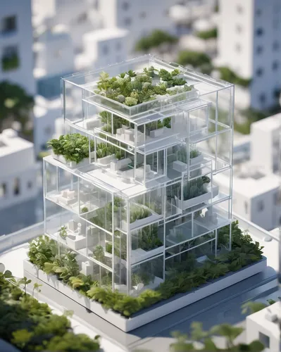 miniature minimal architect Sou Fujimoto, glass architecture, rooftop gardens areas, Puerto Rico, photo realistic, shallow depth of field, clear details, white octane render,cubic house,cube stilt hou