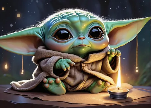 yoda,jedi,cg artwork,goblin,lightsaber,wicket,wishes,scandia gnome,starwars,star wars,cute cartoon image,cute cartoon character,candlemaker,luke skywalker,skylanders,princess leia,candlelight,mundi,wreck self,flickering flame,Illustration,Abstract Fantasy,Abstract Fantasy 10