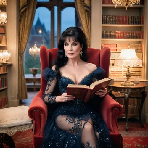 Elvira: Mistress of the Dark ( Kinofilm 1988 )

Elvira sitzt späht abends in einen sehr alten bequemen ausladenden Viktorianischem Sessel und liest bei kerzenlicht ein Buch,downton abbey,vanity fair,r