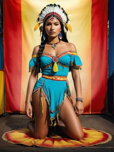 Beautiful, ultra-realistic coloured photo of the chief's daughter Pocahontas from a fairground show,the woman is dressed in a costume sitting on a rug,amerindian,pocahontas,guelaguetza,colombiana,ixch