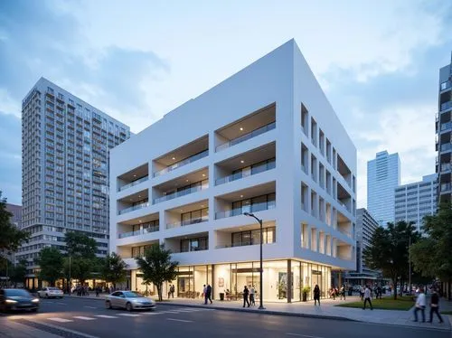 Simple white facade, clean lines, minimal ornamentation, large glass windows, sliding doors, cantilevered rooflines, open-air balconies, sleek metal railings, subtle LED lighting, urban cityscape, bus