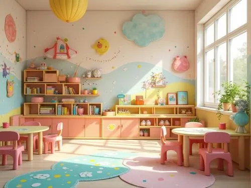 Vibrant kindergarten interior, bright primary colors, soft pastel hues, playful polka dots, whimsical murals, educational wall graphics, interactive display shelves, cozy reading nooks, rounded furnit