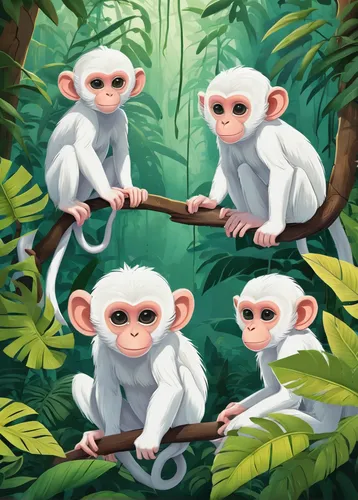 Write a story featuring albino monkeys in a mysterious jungle.,monkey family,monkeys band,monkeys,three monkeys,monkey gang,primates,tree whites,monkey banana,game illustration,monkey island,banana fa