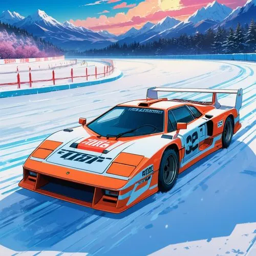 gulf,snow slope,zakspeed,testarossa,alpine,wanganella,alpine style,quattro,bellof,countach,drift,stratos,alpine drive,racer,snowmobile,game car,racecar,jabouille,race car,runabout,Illustration,Japanese style,Japanese Style 03