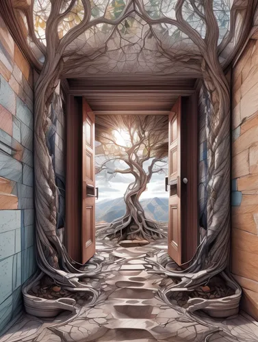 the threshold of the house,wooden door,fairy door,knothole,doorway,crooked forest,cartoon video game background,the door,garden door,backgrounds,open door,threshold,creepy doorway,world digital painting,crooked house,outhouse,tree and roots,home door,iron door,portals