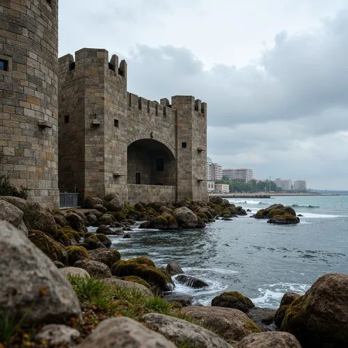 Weathered coastal fortifications, rustic stone walls, rough-hewn granite blocks, mortar-filled joints, wave-crashing ocean scenery, salt-sprayed air, strong gusty winds, beachside promenade, sturdy pi