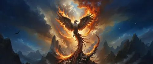 a beautiful bird with yellow feathers flying in front of clouds,pillar of fire,firelands,fire angel,firewind,firedrake,pheonix