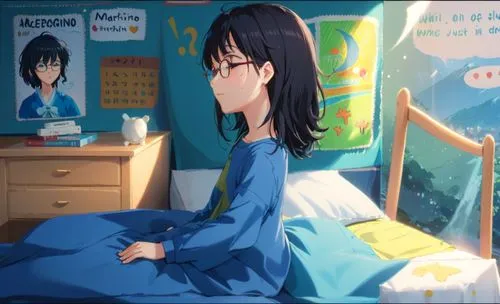 Caroline with her long black hair and glasses, wearing sleeping clothes. on the bed,a woman sitting on a bed in a room,hikikomori,pajama,anime 3d,mei,boy's room picture,houngbedji,Anime,Anime,Realisti