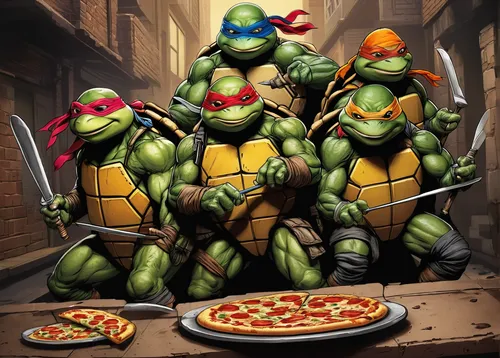 teenage mutant ninja turtles,turtles,trachemys,pizza service,stacked turtles,order pizza,pizza supplier,raphael,family outing,fantastic four,pizzeria,reptiles,michelangelo,pizza hut,family dinner,the pizza,pizza,trachemys scripta,pizza stone,starters,Conceptual Art,Sci-Fi,Sci-Fi 05