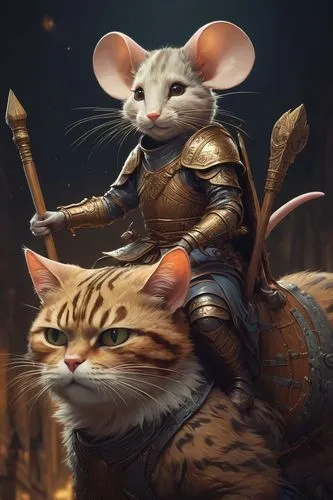 cat warrior,cat and mouse,mice,armored animal,two cats,cullen skink,vintage mice,rodents,fantasy art,fantasy portrait,rataplan,ritriver and the cat,fantasy picture,rodentia icons,anthropomorphized animals,medieval,fairytale characters,felines,bandola,whimsical animals,Conceptual Art,Fantasy,Fantasy 01