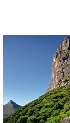 Table Mountain, Cape Town, South Africa, sunny day, blue sky, fluffy white clouds, rugged mountain terrain, rocky outcrops, green vegetation, scenic landscape, panoramic view, dramatic lighting, warm 