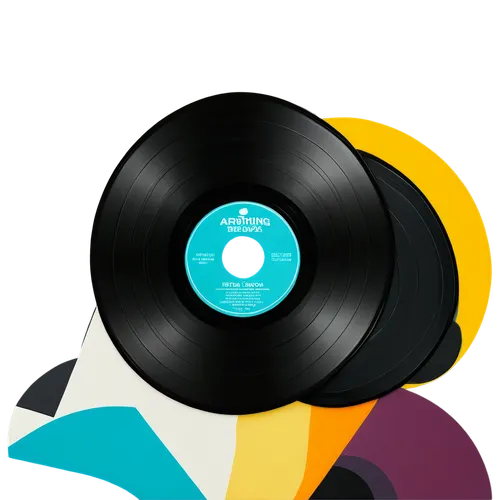 Vinyl record, retro music, flat lay, round shape, black vinyl, white label, colorful sleeve, glossy surface, 3D texture, morning light, soft focus, shallow depth of field, warm color tone, cinematic c