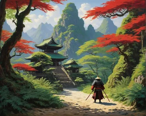 kaitos,japan landscape,world digital painting,hiromasa,ghibli,mulan,samurai,inuyasha,travel poster,studio ghibli,muramasa,tianxia,japanese background,kyoto,komachi,jonidan,jinchuan,dororo,kunitachi,cartoon video game background,Art,Artistic Painting,Artistic Painting 04