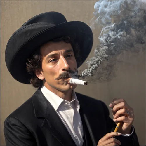 smoking a cigarette
,sombrero mist,stovepipe hat,pipe smoking,el salvador dali,smoking man,napoleon iii style,stetson,gentlemanly,smoking pipe,chimney sweeper,dutchman's pipe,tobacco pipe,sombrero,dut