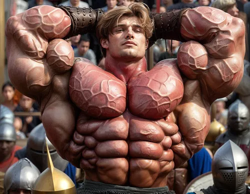 A very muscular warrior posing and flexing in front of his fellow soldiers. He is showing his invincibility with his thick abs and torso!!!,premaxillae,arnoldi,pec,sculli,arnolt,arnoldus