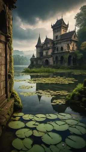 Ancient Uri landscape, rolling hills, majestic stone castle, grandiose entrance gate, intricate carvings, Gothic windows, moss-covered roofs, tranquil lake in the foreground, water lilies blooming, mi