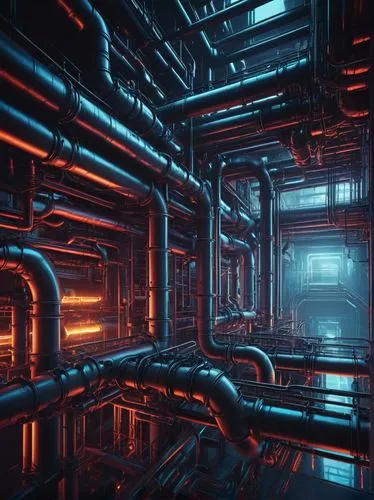 Industrial data pipeline, futuristic architecture, metallic structure, complex network of pipes, valves, and machinery, neon lights illuminating the dark background, misty atmosphere, 3D rendering, de