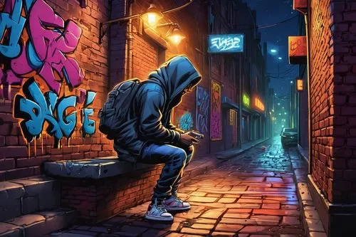 world digital painting,graffiti art,alleycat,street artist,alleyway,alley,urban,graffiti,nacht,welin,cyberpunk,digital painting,alleyways,graffitti,street artists,street lantern,vigilante,digital art,digital artwork,street life,Illustration,American Style,American Style 13