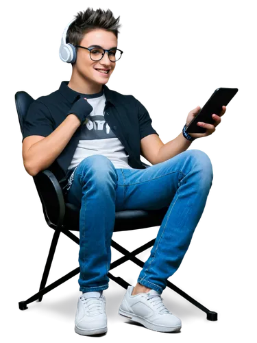 Gamer boy, young adult, energetic facial expression, short spiky hair, gaming headset, trendy glasses, casual wear, graphic t-shirt, ripped jeans, sneakers, holding controller, sitting on gaming chair