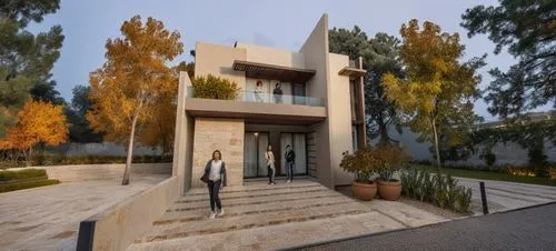 DISEÑO EXTERIOR DE UNA CASA ESTILO RESIDENCIAL, CON MUROS CON MARMOL TRAVERTINO Y MUROS EN COLOR BLANCO Y GRIS, AÑADE AUTOS, PERSONAS Y VEGETACIÓN,CORRECCION DE ERRORES, FOTOGRAFIA HIPERREALISTA,two p