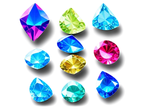 Sparkling gems, scattered on velvet cloth, various shapes and sizes, vibrant colors, faceted surfaces, intricate details, soft focus, shallow depth of field, warm lighting, macro shot, isolated on bla