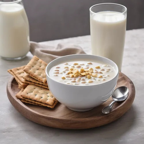 Crackers soup And a glass of milk,avena,raita,crème anglaise,cream of mushroom soup,oat bran,oat,corn chowder,avgolemono,sheer khurma,clam chowder,malted milk,celery and lotus seeds,grain milk,nog,khe