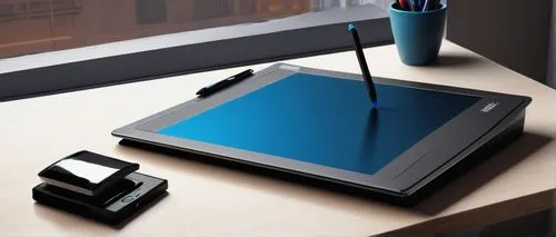 Digital drawing tablet, sleek design, black and silver body, glowing blue LED lights, ergonomic grip, stylus pen, precision tip, comfortable hold, modern desk, cluttered with papers and pencils, natur