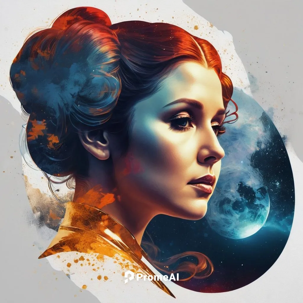 Create a double exposure art piece that features Princess Leia's faint silhouette. Her outline is filled with a CYMK-coloredbeautiful voluptuous, vivacious_curvy_chubby gold-painted gypsy woman with b