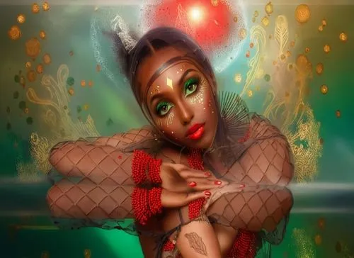 a digital painting shows a beautiful woman with red make - up and tattoos,voodoo woman,oshun,fantasy art,polynesian girl,fantasy portrait,mermaid background,Illustration,Realistic Fantasy,Realistic Fa