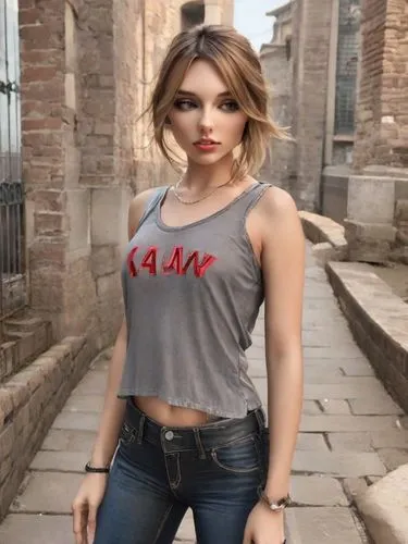 beautiful asian woman standing on the street wearing jeans,karimova,tamta,cami,karol,ajram,tshirt,Photography,Realistic