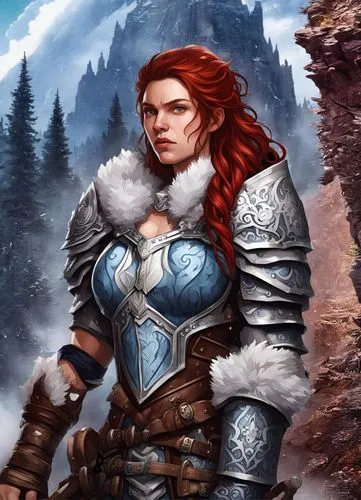 massively multiplayer online role-playing game,female warrior,dwarf sundheim,heroic fantasy,sterntaler,winterblueher,northrend,breastplate,suit of the snow maiden,swordswoman,arcanum,portrait backgrou