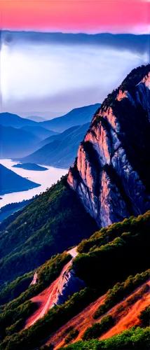 HD landscape, majestic mountains, foggy atmosphere, sunrise or sunset, orange and pink hues, fluffy white clouds, distant trees, winding roads, rocky cliffs, misty valleys, dramatic lighting, cinemati