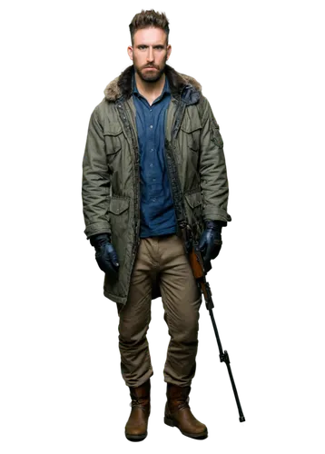 Trapper, rugged man, fur-lined coat, bearded, strong facial features, intense gaze, rugged hair, worn gloves, holding rifle, camouflage pants, leather boots, standing, misty background, atmospheric li