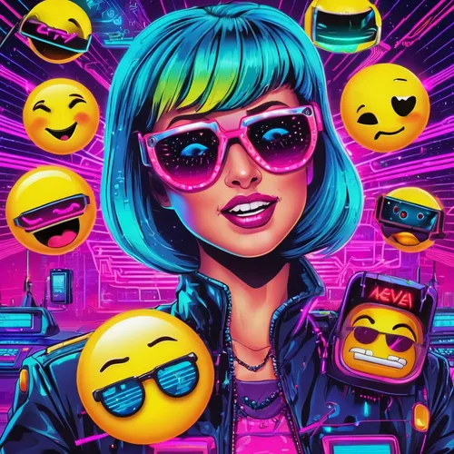 Invent a comical situation where emojis rebel against humans,80s,emojis,emojicon,emoji,80's design,phone icon,vector people,party icons,cyberpunk,retro background,cool pop art,twitch icon,retro girl,e