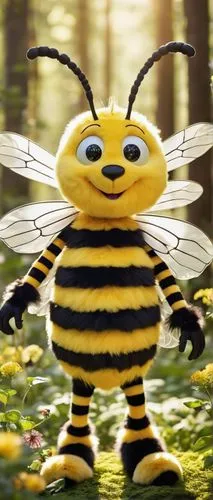 Insect fursuit, anthropomorphic, bee, yellow and black stripes, furry body, wings, antennae, smiling face, shiny eyes, colorful fur patterns, striped legs, standing, forest, flowers, greenery, sunbeam