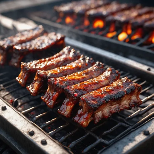 Write a poetic description of barbecued pork ribs, emphasizing the smoky essence and the sensation of the tender meat melting in your mouth.,barbecued pork ribs,barbeque grill,barbeque,grilled food,ba