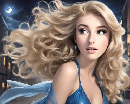 A real-life blonde of Midnight Cinderella in a moonlit urban street, blue dress, flowing hair and dress in the wind, lots of makeup and hairspray like an 80s soft rock chick, dramatic, as an airbrush 