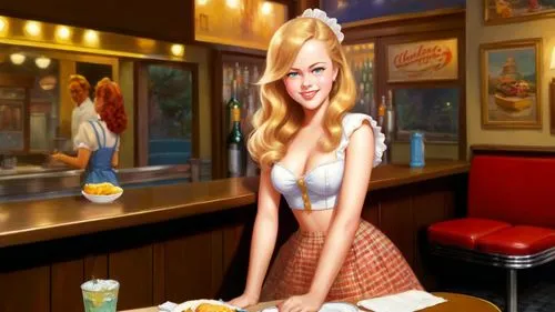 Romantic kitsch masterpiece oil painting, cute waitress girl portrait, 1 girl, classic 1950's style diner, nostalgic retro vintage scenery, by Thomas Kinkade, high res,retro diner,waitress,soda shop,c