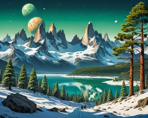 lunar landscape,cartoon video game background,alien planet,spruce forest,coniferous forest,terraformed,snowglobes,mountainous landscape,offworld,landscape background,ice planet,snowy peaks,gliese,earth rise,mountain scene,space art,snowy mountains,futuristic landscape,fantasy landscape,mountain landscape,Conceptual Art,Sci-Fi,Sci-Fi 20