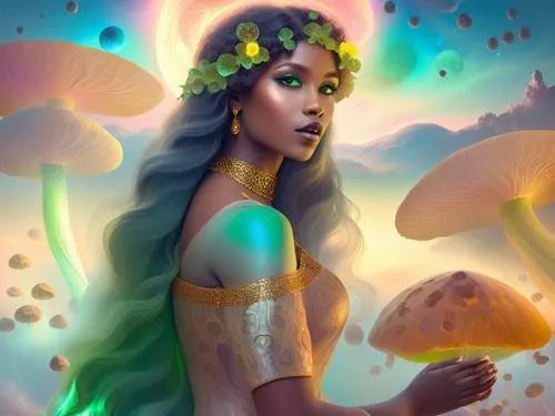 nude Beautiful nigerian girl, full dark curly hair, big green almond eyes, full black lips, misty sky,a painting of a woman in a colorful dress holding mushrooms,oshun,amphitrite,mermaid background,me