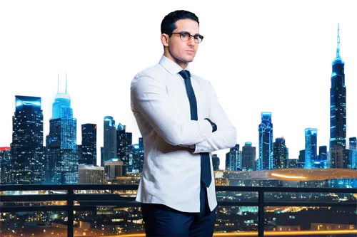 Cybersecurity expert, male, strong facial features, short black hair, glasses with blue frames, white shirt, black tie, formal suit, muscular arms crossed, standing in front of a futuristic cityscape 