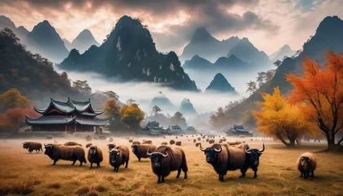 autumn mountains,autumn landscape,mountain pasture,mountain cows,fantasy landscape,autumn background,landscape background,alpine pastures,mountain scene,mountain landscape,mountainous landscape,fall landscape,autumn scenery,japan landscape,world digital painting,fantasy picture,nature landscape,rural landscape,horned cows,beautiful landscape,Illustration,Paper based,Paper Based 04