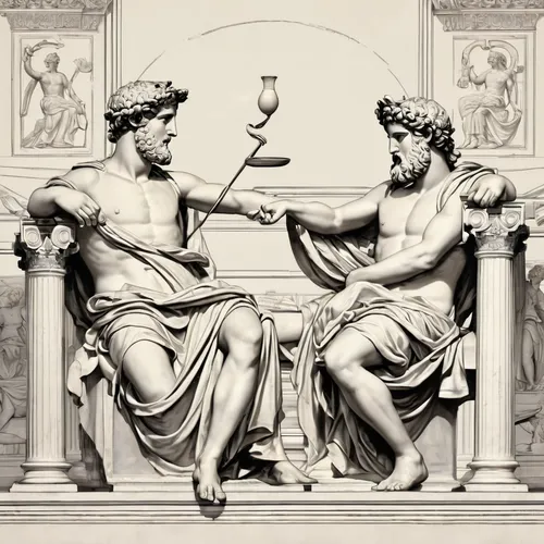 Create a funny ecard with a silly message,justitia,arm wrestling,the death of socrates,arguing,greco-roman wrestling,classical antiquity,fist bump,classical sculpture,greek gods figures,pankration,exc