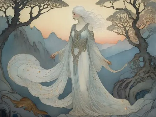 the snow queen,elenore,thingol,white rose snow queen,finrod,silmarillion,galadriel,peignoir,eternal snow,amalthea,lorien,faerie,fairie,suit of the snow maiden,ellinor,sigyn,noldor,elfland,edain,faery,Illustration,Retro,Retro 17