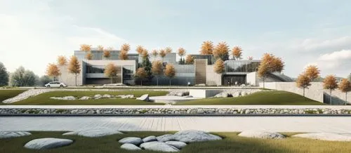 a 3d rendering of a contemporary mansion with grass and rocks,3d rendering,house with lake,snow house,render,tirith,house in the forest,unbuilt,gondolin,cubic house,forest house,dreamhouse,castlelike,