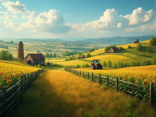 Farmland landscape, rural scenery, rolling hills, green pastures, wheat fields, cornfields, sunflowers, farmhouses, wooden fences, rusty tractors, haystacks, barns, windmills, cloudy blue sky, warm su