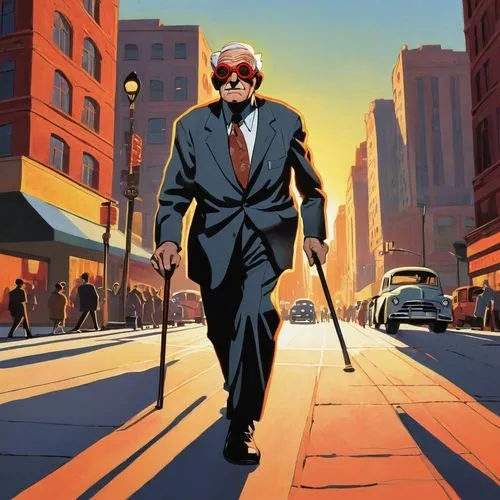 the old man with a cane in hand strides confidently through a bustling city street, his chest still intact. He wears a pair of goggles and a pair of red goggles, but this time the face is empty, devoi