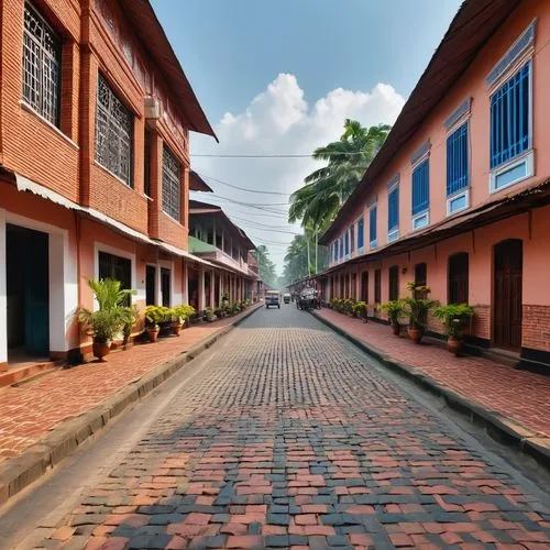 view of a road paved with bricks and on either sides, there exist traditional kerala style architecture which act as houses and shops as well . there are people on road and two vehicles as well,Kerala