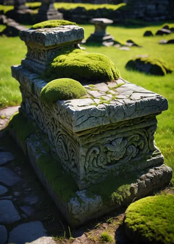 ornamental stones,druid stone,stone pedestal,gravestones,stone bench,tombstones,stack of stones,stone blocks,grave stones,stone sink,stone oven,stonework,stone sculpture,carved stone,stone fountain,graves,old graveyard,mausoleum ruins,stone garden,stone stairs,Illustration,Abstract Fantasy,Abstract Fantasy 07